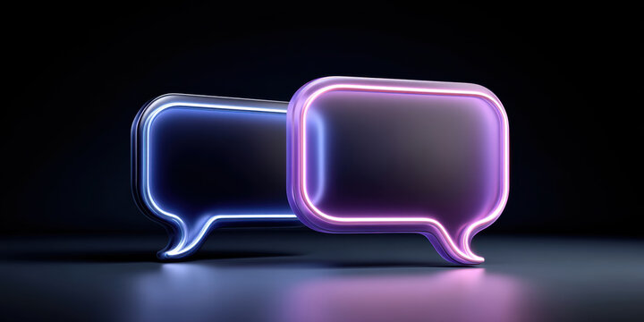 Neon speech bubble icon glowing purple and blue with reflective surface, futuristic chat concept
