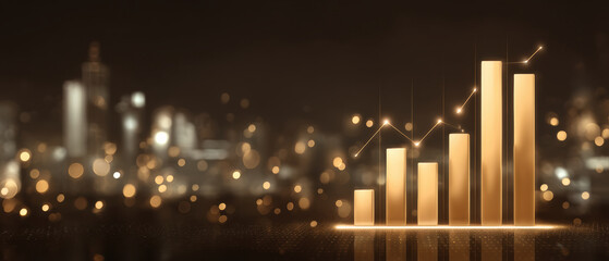 Golden bar chart rising with city bokeh background, conveys growth and optimism