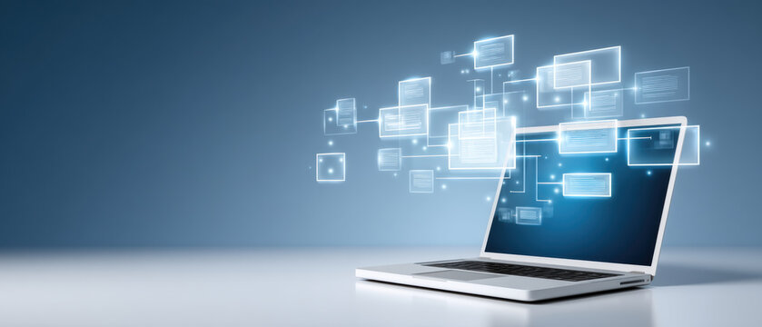 Modern laptop with glowing digital interface and floating data windows conveying connectivity