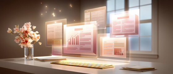 Floating translucent business reports and charts over tidy home desk with soft morning light