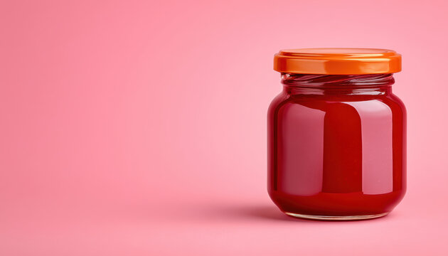 Red jam jar with orange lid on pink background, sweet spread in glass jar, appetizing