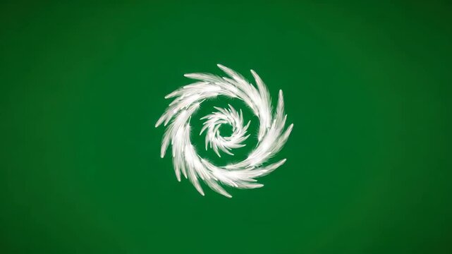 White feathers swirling in a hypnotic vortex spiral pattern against a vibrant green background creating a