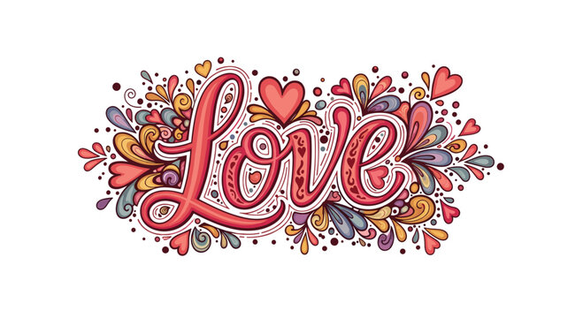 Vibrant and colorful hand-drawn lettering of the word LOVE surrounded by abstract swirls hearts and decorative doodles on a white background.