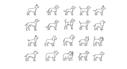 Fototapeta premium Collection of diverse dog breeds in outline style, showcasing various sizes, shapes, and coat types for pet lovers