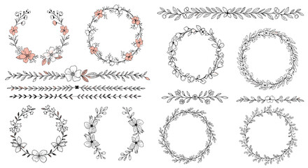 Obraz premium Collection of hand-drawn floral wreaths and border elements with delicate pink flowers and leaves in a rustic vintage line art illustration style.