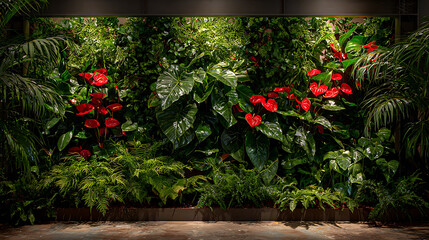 Obraz premium Exotic tropical plant wall with anthuriums and ferns creating misty cloud forest atmosphere for interior design backdrops.