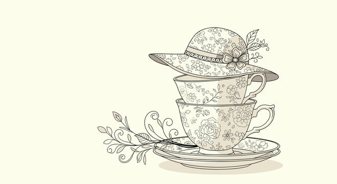 Elegant vintage line art illustration of two stacked teacups and a fancy hat with floral patterns creating a charming tea party scene.