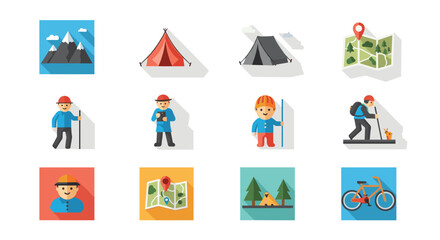 Fototapeta premium Collection of flat design icons with long shadows representing hiking camping and outdoor adventure activities on a white background.