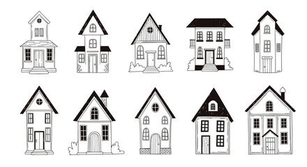 Fototapeta premium Collection of ten unique hand-drawn houses in a black and white sketchy doodle style showing various simple architectural designs.