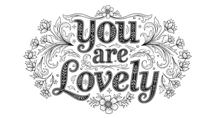 Intricate black and white You are Lovely lettering with elaborate floral flourishes perfect for a coloring book page design.