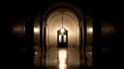 A dimly lit, mysterious hallway with a single light source at the end, evoking a sense of mystery and intrigue.