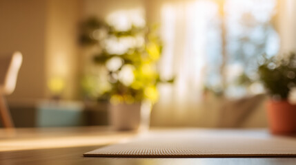 Serene indoor yoga mat ready for practice with sunlight and plants in the background