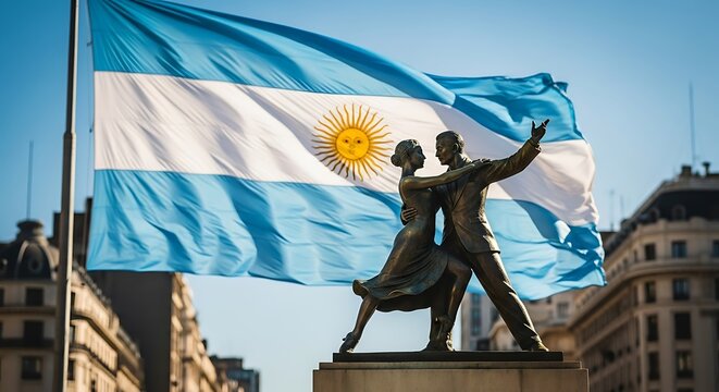 Argentine Tango Dancers Statue with National Flag in Buenos Aires.