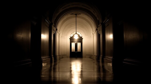 A dimly lit, mysterious hallway with a single light source at the end, evoking a sense of mystery and intrigue.