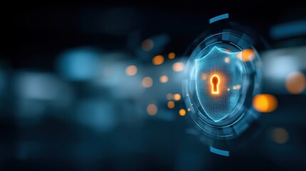 Cybersecurity shield with lock icon digital environment graphic design futuristic viewpoint data protection concept