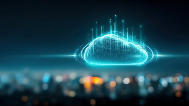 Digital transformation event featuring cloud computing technology in urban environment with futuristic aesthetics