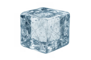 Melting ice cube with cracks and bubbles, transparent background adding cold refreshment to drinks