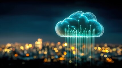 Digital cloud computing concept urban cityscape graphic illustration night environment aerial view future technology