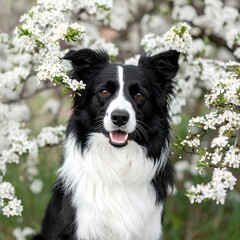 Fototapeta premium A black and white dog sits amidst delicate white blossoms, looking directly at the camera with a happy expression