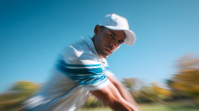 Capturing the intense focus and athletic motion of a male golfer executing a powerful swing highlighted by dynamic blur set against a vibrant blue sky on a sunny golf course