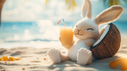 A bunny plush resting against a coconut and drinking coconut juice wearing tiny flip flops on beach