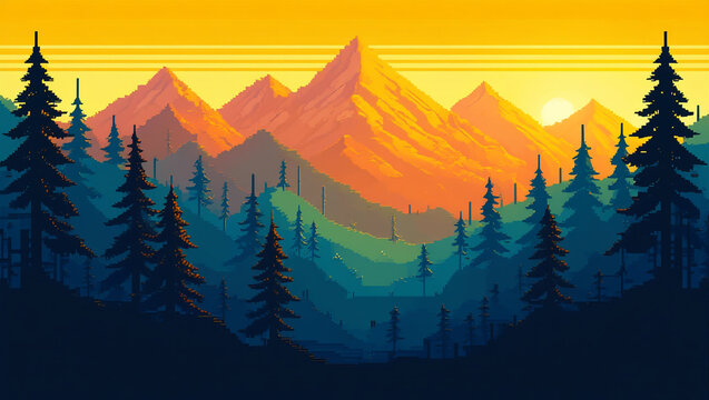 Pixel Art Mountain Range Landscape with Pine Trees and Golden Sunset Sky Scenery