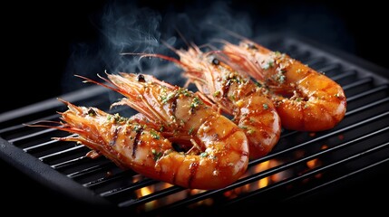 A mouth watering close up of three large glossy prawns being grilled over hot coals displaying distinct char marks and herb seasoning emitting flavorful steam