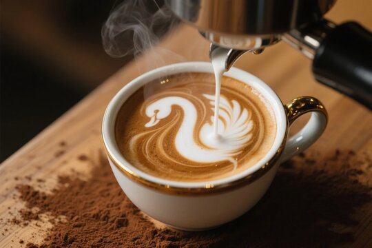 Steaming latte art being poured into a cup with swan design