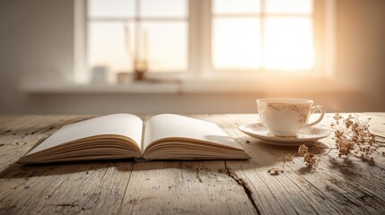 Open Book And Coffee Cup On Wooden Table By Window With Sunlight