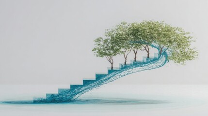 Tree emerging from spiral staircase representing longevity adaptive cascade and dynamic growth concepts