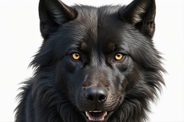 Fototapeta premium Close-up portrait of a majestic black wolf with intense golden eyes, isolated
