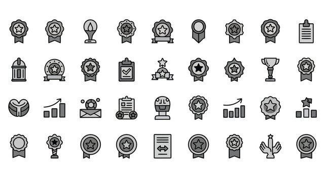 Collection of achievement icons, representing success, recognition, and accomplishment in various fields and endeavors