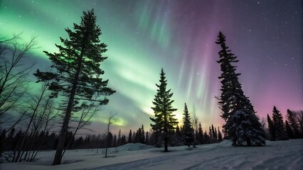 Contour of trees against the background of aurora borealis, winter holiday illustration,tree, sky, forest, landscape, sunset, trees, nature, sun, pine, winter, clouds, sunrise, mountain, fog, cloud, 