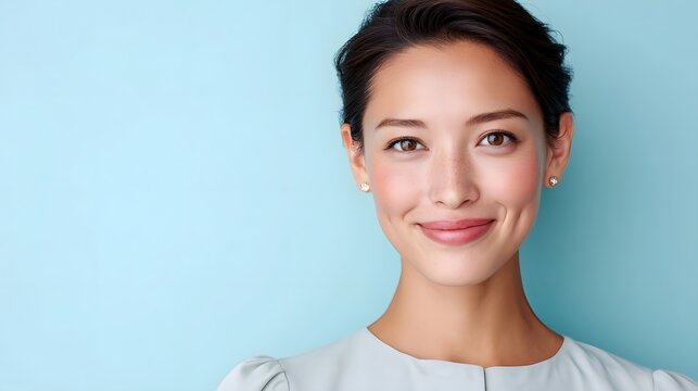 This headshot captures a friendly attractive young woman with a natural smile and subtle freckles looking directly at the viewer with a positive expression against a clean light blue studio backdrop