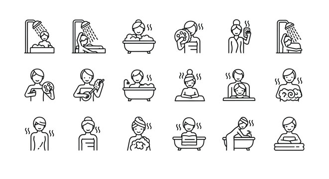 Set of linear icons representing various activities related to bathing and personal hygiene for wellness concept