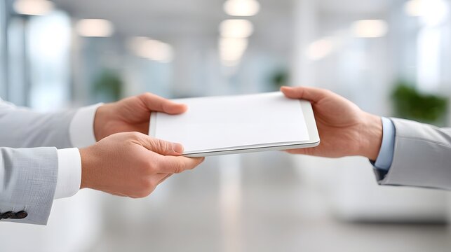 Two business professionals wearing suits are seen from the waist up with their hands in the foreground passing a blank tablet screen to each other in a contemporary well lit indoor office space