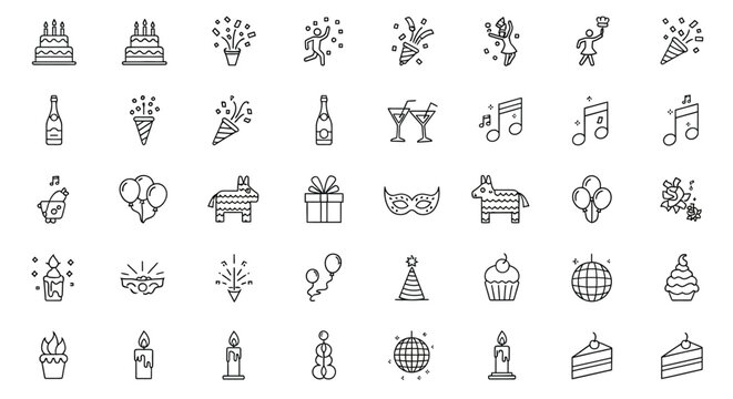 Collection of linear icons representing various party and celebration elements for festive event concept