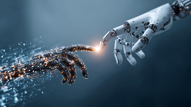 Machine learning concept showing robot-human hand touch during digital data exchange for technology background applications.