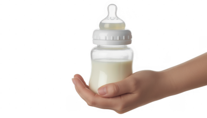 Hand holding baby bottle with milk isolated on a transparent background