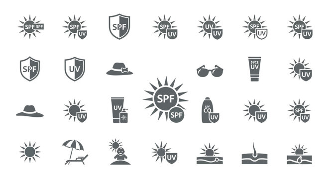 Sun protection line icon set, vector outline symbol collection, linear white illustration uv, spf, sunscreen, sunglasses, lotion, skin, beach