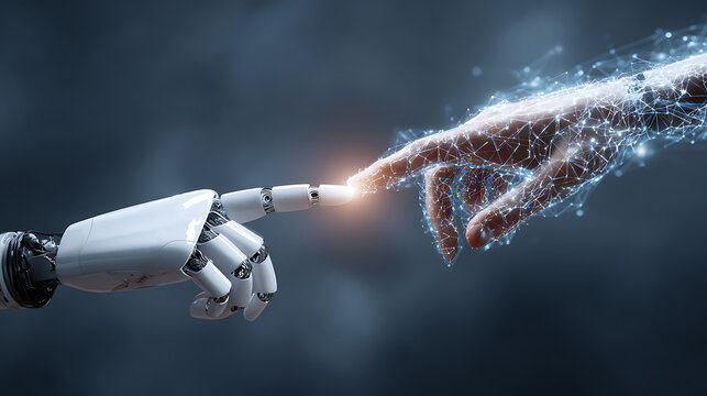 Machine learning concept showing robot-human hand touch during digital data exchange for technology background applications.
