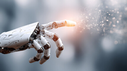 Machine learning concept showing robot-human hand touch during digital data exchange for technology background applications.