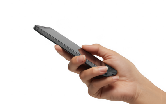 Hand holding dark gray smartphone isolated on a transparent background