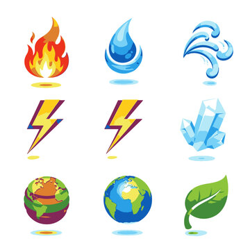 A collection of nine distinct elemental icons representing fire, water, wind, lightning, ice, earth, and nature.
