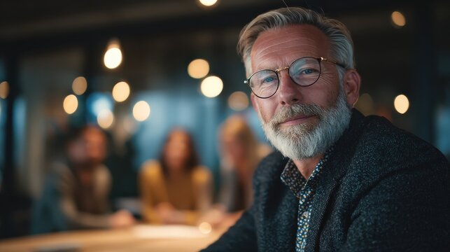 a mature man with glasses and a beard sits confidently at a table in a professional setting with blurred people and warm lights in the background - Powered by Adobe