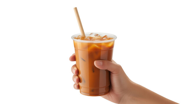 Hand holding iced coffee drink isolated on a transparent background