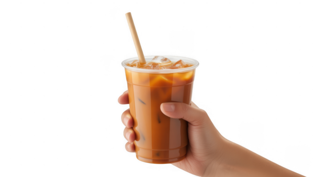 Hand holding iced coffee drink isolated on a transparent background