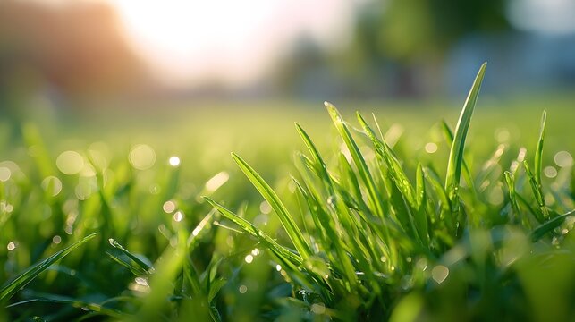 ro view of lush green grass blades covered in sparkling water droplets illuminated by warm sunrise light creating a serene bokeh effect in the background