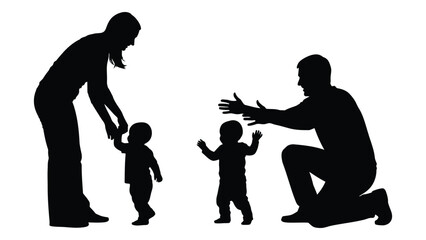 Parents helping babies walk silhouette isolated on white background, Vector