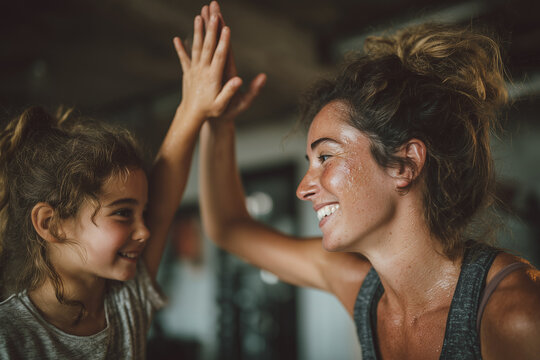 Mother and daughter high-fiving after workout, sweat on faces, smiling, fitness achievement - Powered by Adobe